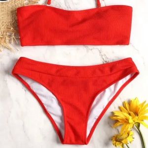 Zaful Halter Ribbed Texture Bikini Set - Red L